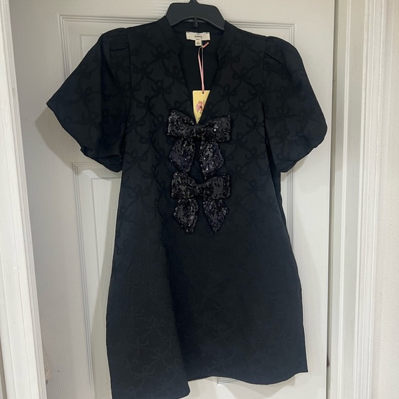 Sold NEW midnight glitz black puff sleeve bow pattern bow sequin jacquard dresss - Picture 6 of 11